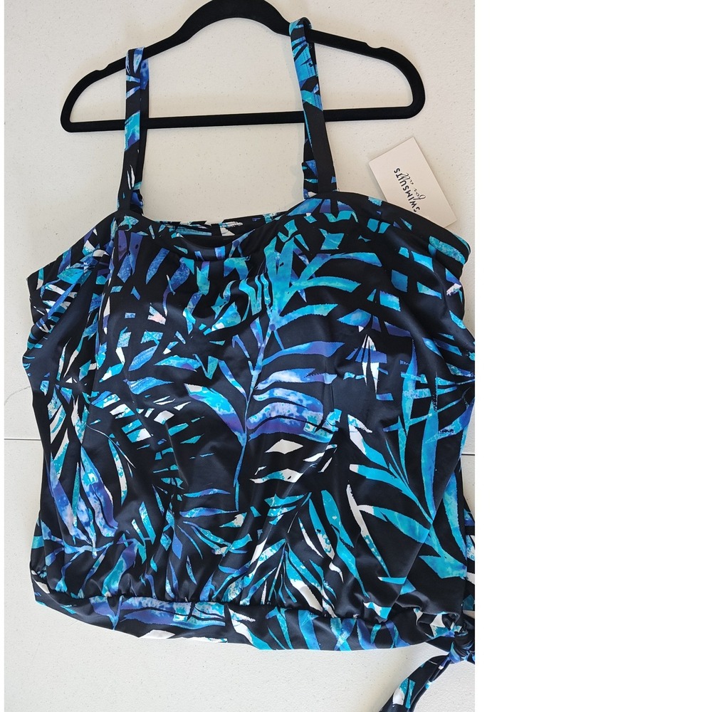 Swimsuits For All Tankini Top Plus Size Blue Black Tropical Palm Leaf New NWT